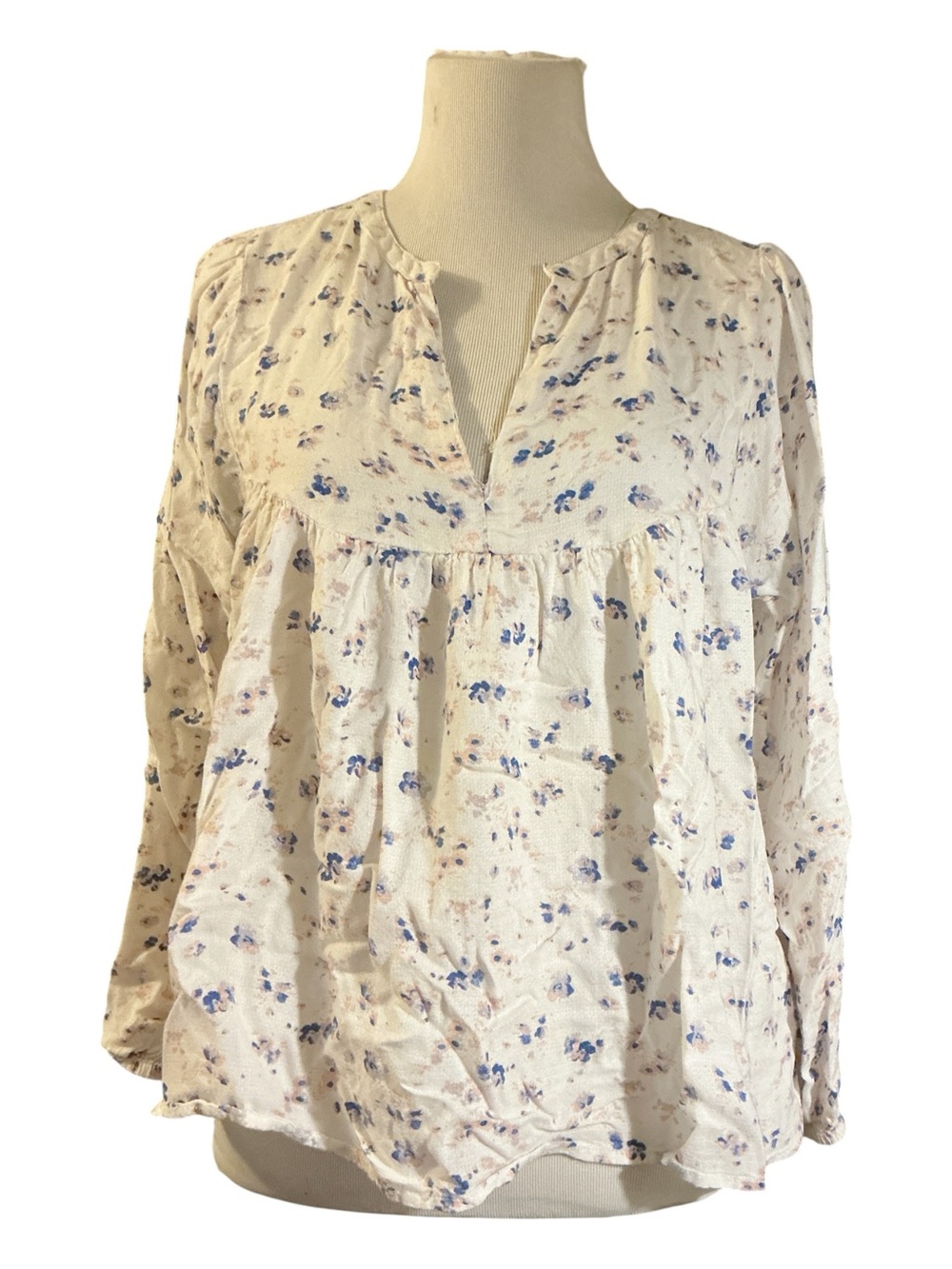 Women's Cream Floral Peasant Blouse - Lightweight Long Sleeve Top